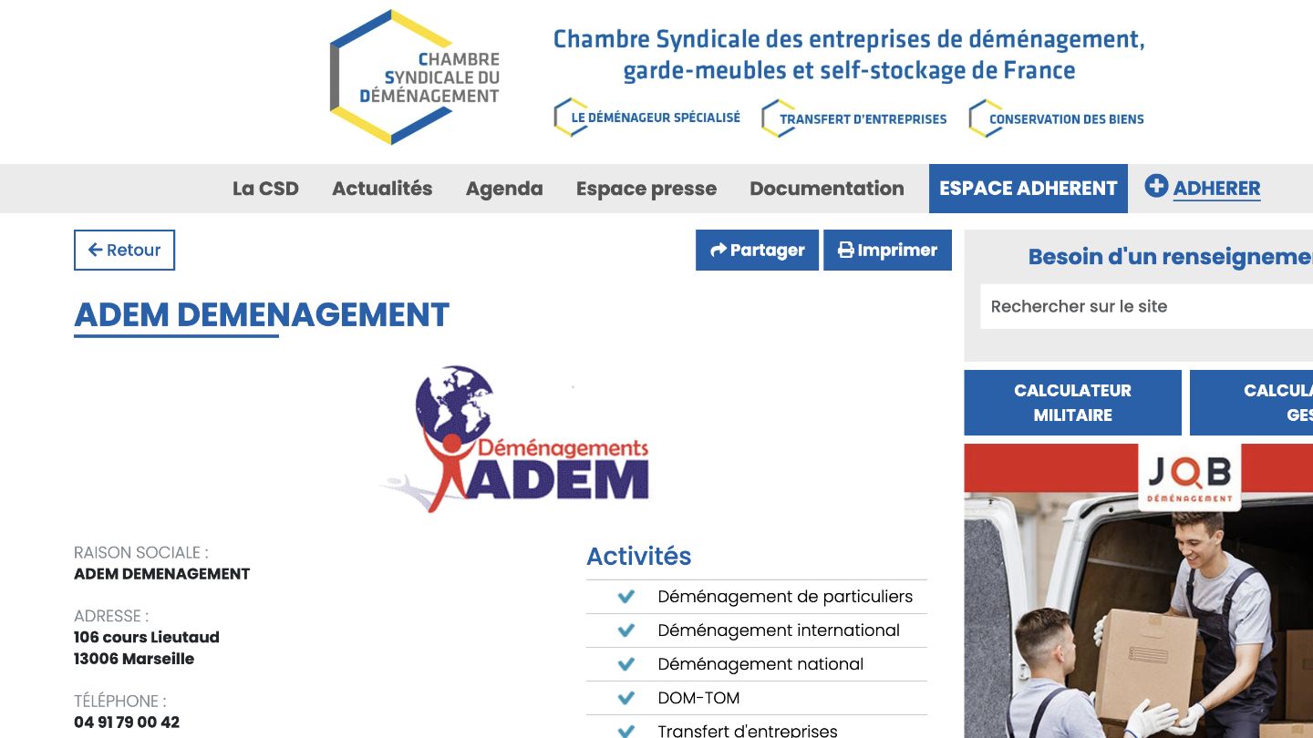 Capture du profil professionnel hébergé de ADEM Déménagement — fiche CSD